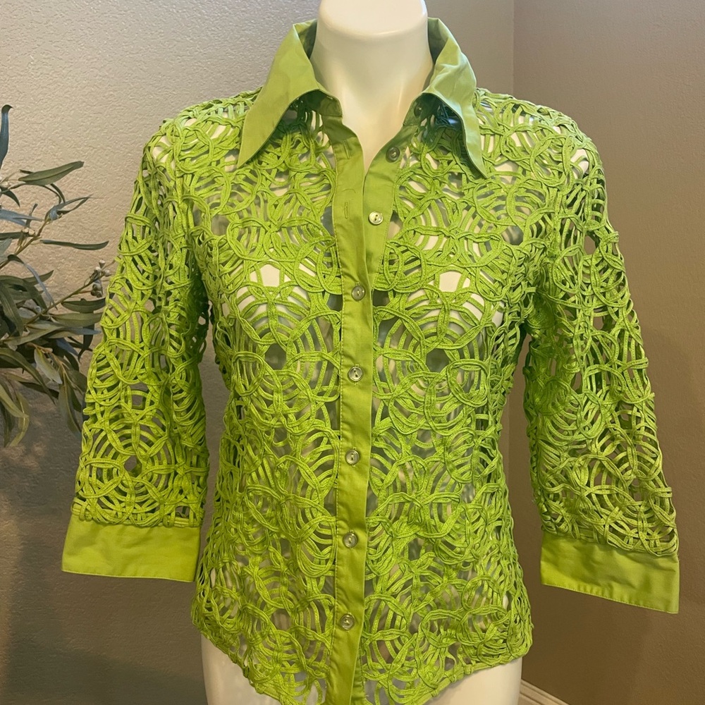 D&Y Green 3/4 Sleeve Embellished Button Down Shirt